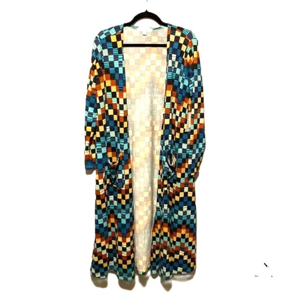 Long Sleeve Cardigan Large Colorblock Multicolored Squares LuLaRoe Sarah
